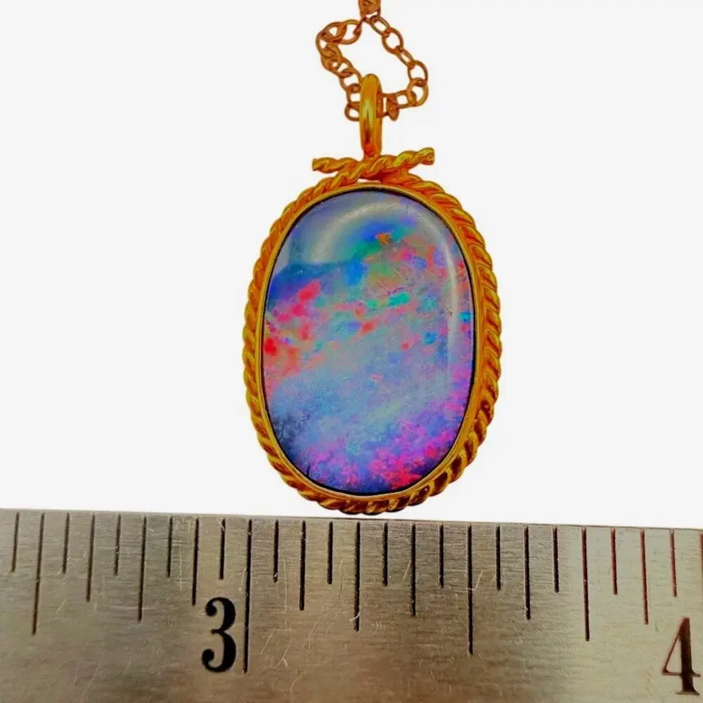 Vtg 9K Gold Australian Opal Doublet Pendant Necklace Twisted Rope 15.8ct - 19" - Picture 7 of 9